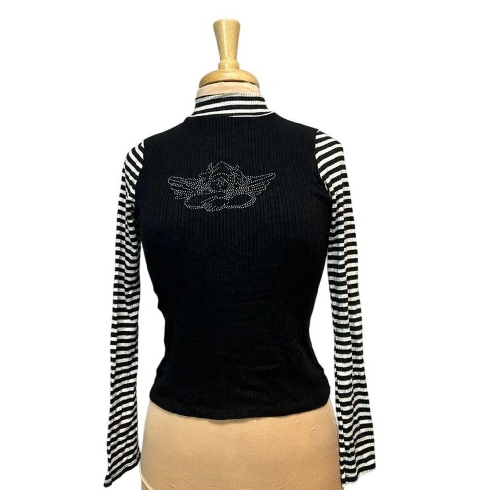 Boys Lie Paillette Angel Mock Neck Top Women L Black Excellent Striped Y2K